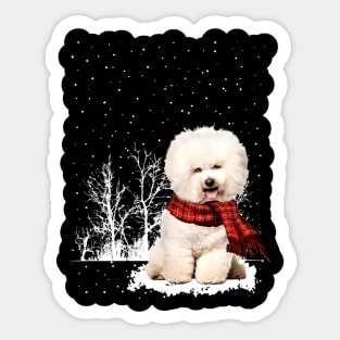 Christmas Bichon Frise With Scarf In Winter Forest Sticker